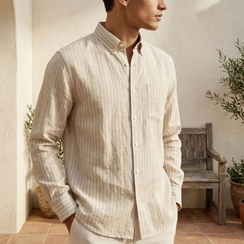 Vacay natural/ecru and tan/beige vertical stripe 100% linen | Sz medium